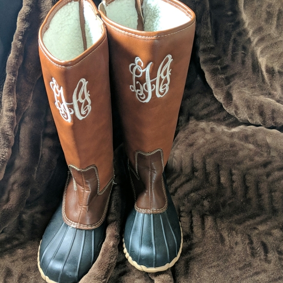 tall duck boots with monogram